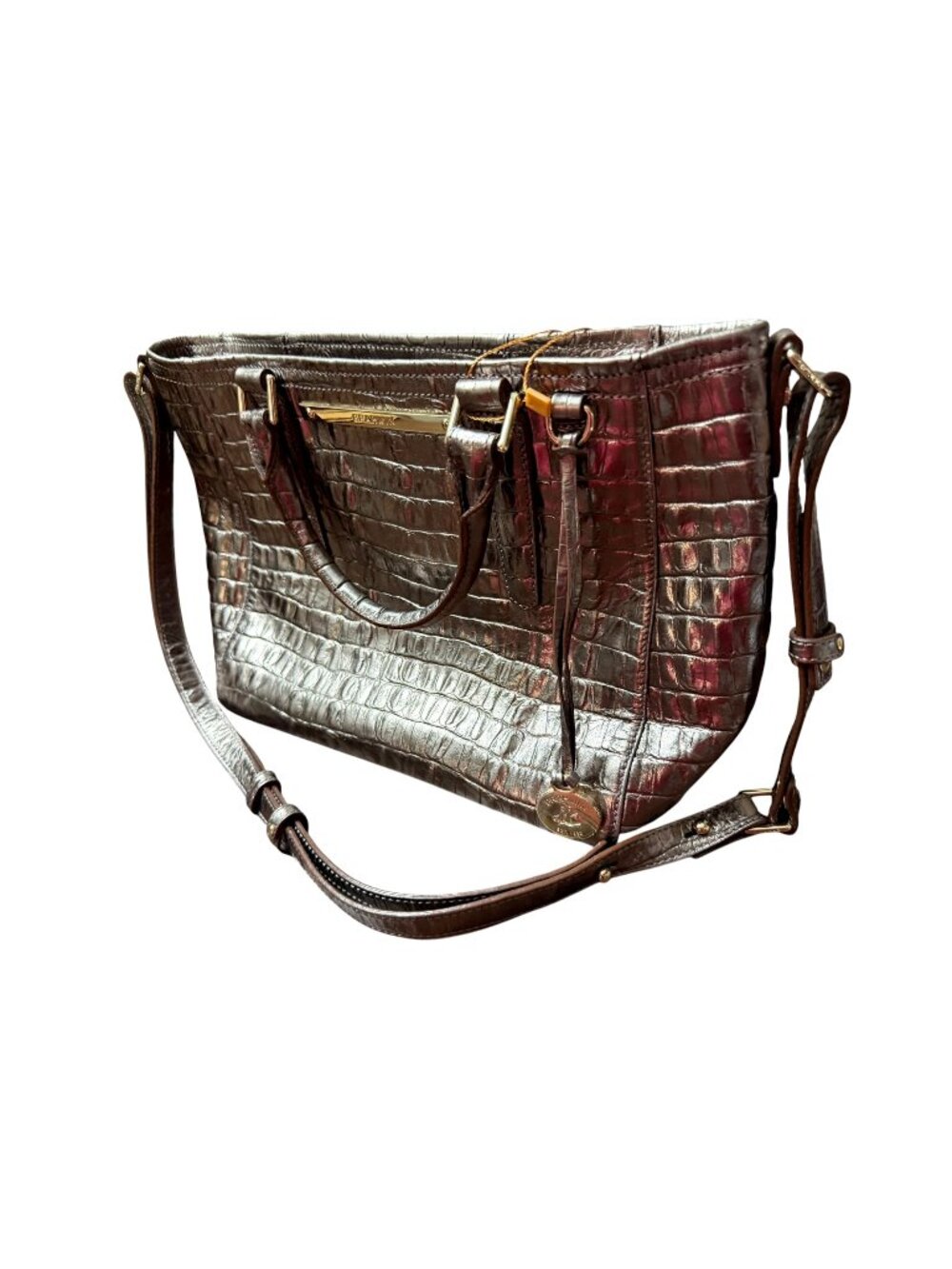 Brahmin Metallic Croc-Embossed Leather Satchel With Top Handles & Adjustable Str